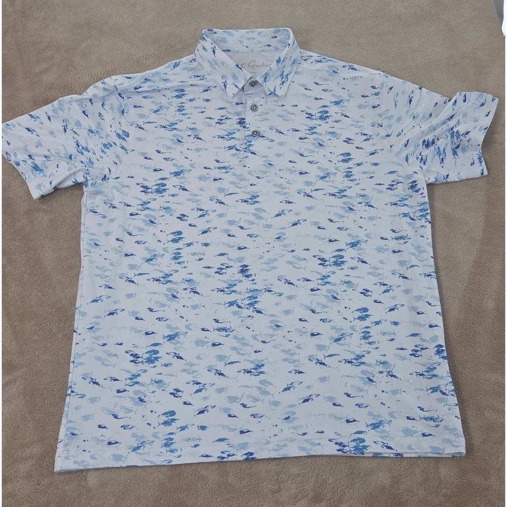 Robert Graham Nautical Net knit polo shirt Men M White Blue Fish AOP Stretch S/S